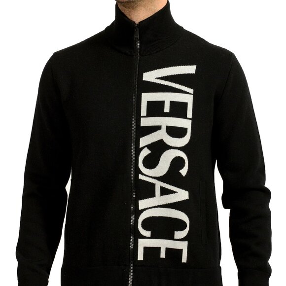 Versace Men's Wool Knitted Logo Print Full Zip Cardigan Sweater US S IT 48 - Picture 1 of 5
